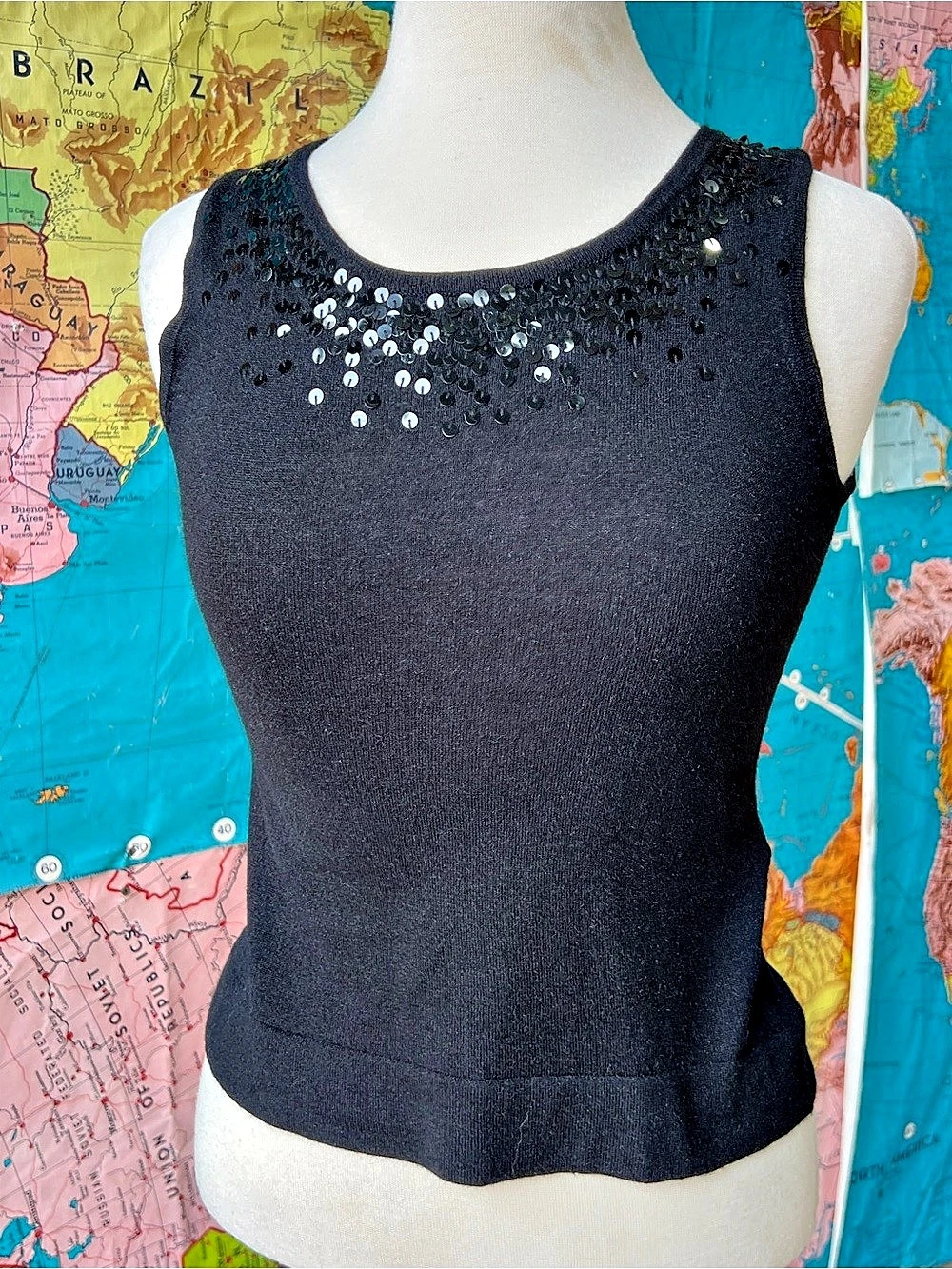 August Silk Sequin Neckline Tank in Black Size Small Like New